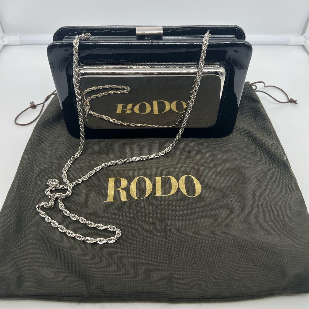 RODO Vintage Black Patent Leather Mirrored Small Frame Clutch Shoulder Bag